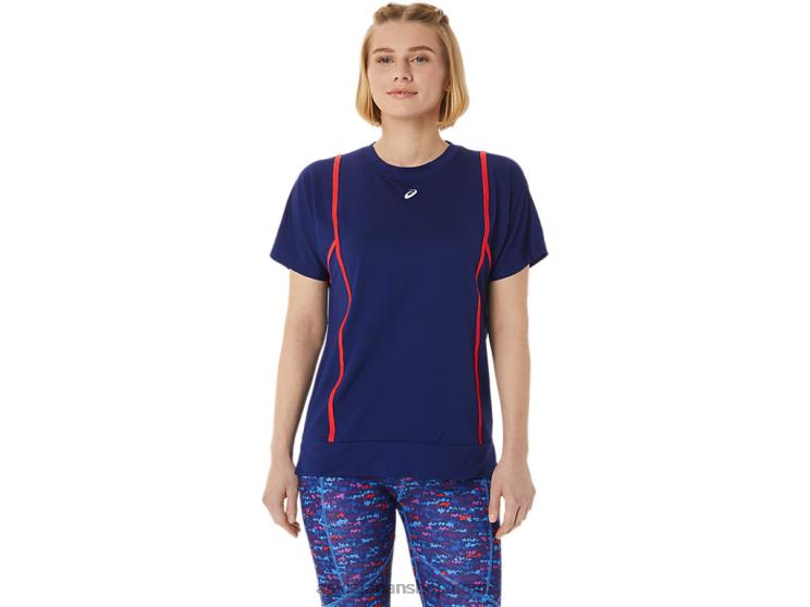 女性の新しいストロング 92 半袖トップ L20V3056Asics ダイブブルー/レッドアラート