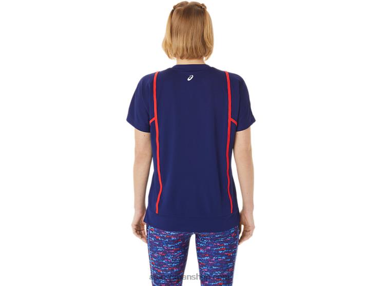 女性の新しいストロング 92 半袖トップ L20V3056Asics ダイブブルー/レッドアラート