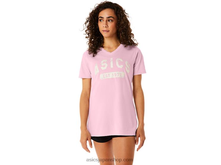 女性用半袖 EST 1977 V ネック T シャツ L20V2275Asics ピンクの塩