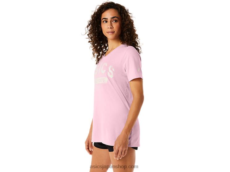 女性用半袖 EST 1977 V ネック T シャツ L20V2275Asics ピンクの塩