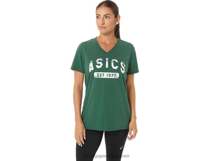 女性用半袖 EST 1977 V ネック T シャツ L20V2726Asics ハンターグリーンヘザー