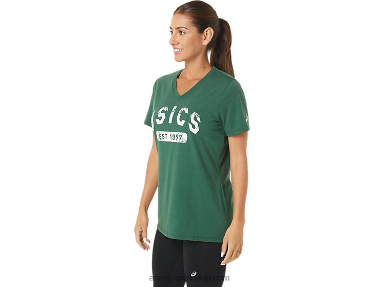 女性用半袖 EST 1977 V ネック T シャツ L20V2726Asics ハンターグリーンヘザー