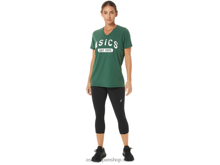 女性用半袖 EST 1977 V ネック T シャツ L20V2726Asics ハンターグリーンヘザー