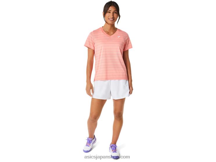 女性用コートストライプ半袖トップ L20V2503Asics グアバ