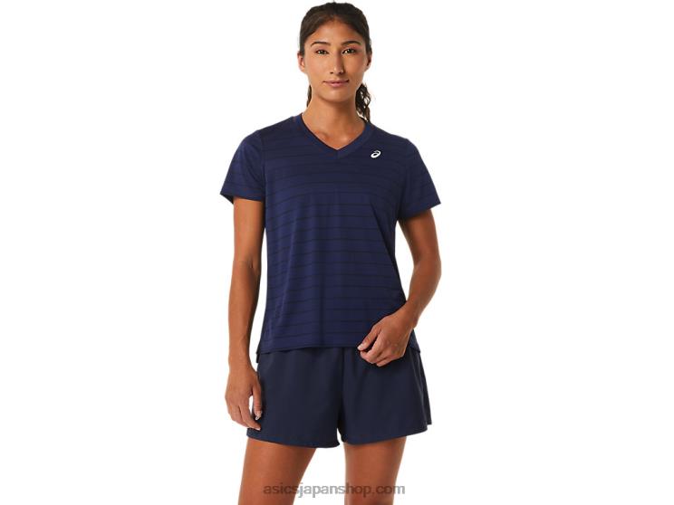 女性用コートストライプ半袖トップ L20V2550Asics 夜中
