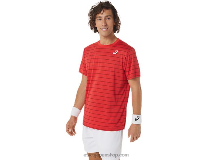 メンズコートストライプ半袖トップ L20V493Asics クラシックレッド