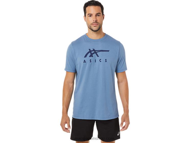 ストライプ半袖Tシャツ L20V1743Asics ストームブルー