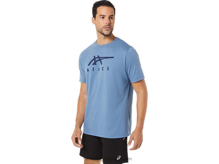 ストライプ半袖Tシャツ L20V1743Asics ストームブルー