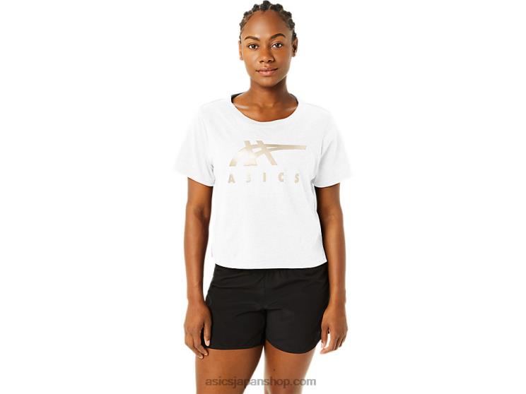 レディースストライプ半袖ボクシーTシャツ L20V2718Asics 鮮やかな白