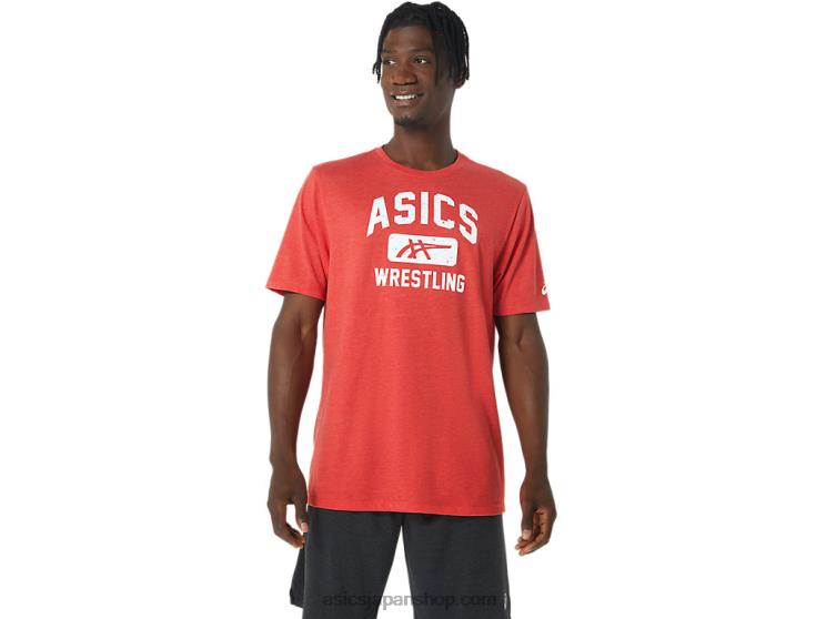 ユニセックスレスリンググラフィックTシャツ L20V848Asics クラシックなレッドヘザー