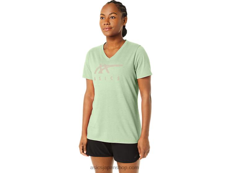 女性のストライプのVネック L20V2214Asics ささやきグリーンヘザー