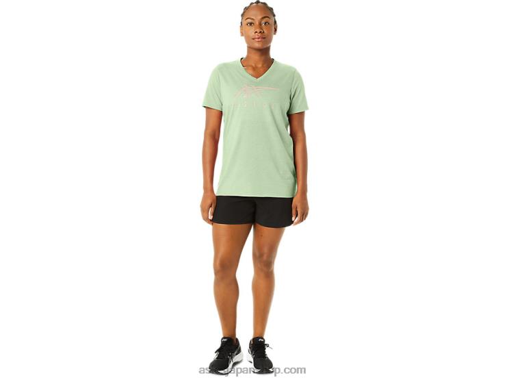 女性のストライプのVネック L20V2214Asics ささやきグリーンヘザー