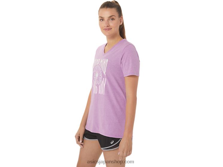 女性用ひまわりスローガンVネック L20V2778Asics 蘭ヘザー