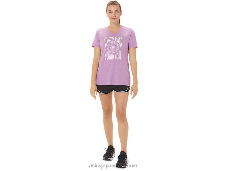女性用ひまわりスローガンVネック L20V2778Asics 蘭ヘザー
