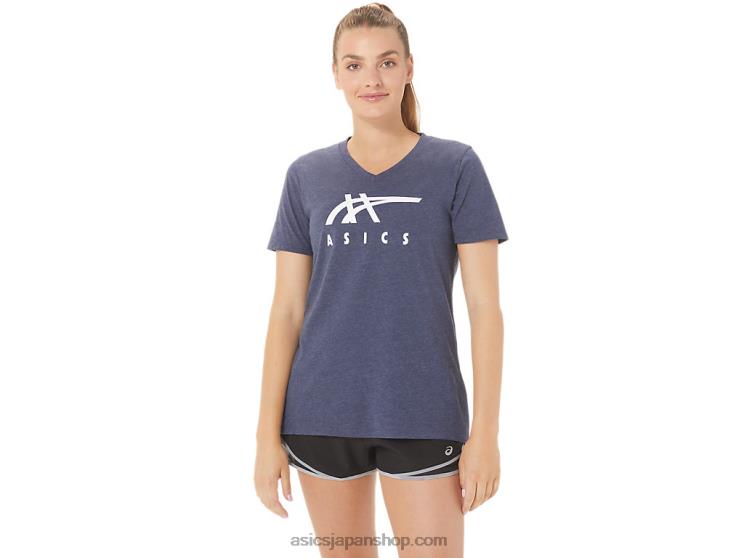 女性のストライプのVネック L20V2972Asics ピーコートヘザー