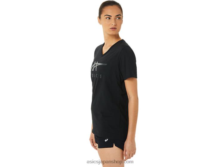 女性のストライプのVネック L20V3199Asics 黒光り