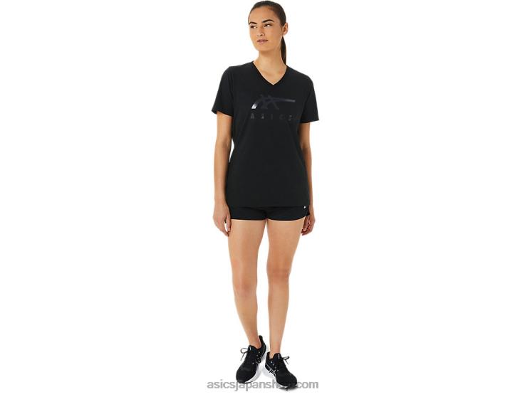 女性のストライプのVネック L20V3199Asics 黒光り
