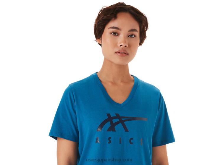 女性のストライプのVネック L20V3420Asics 生まれ変わったブルー