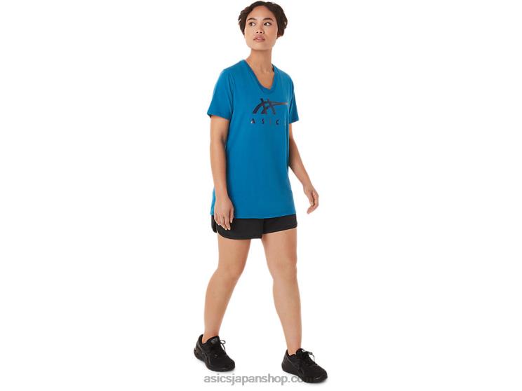 女性のストライプのVネック L20V3420Asics 生まれ変わったブルー