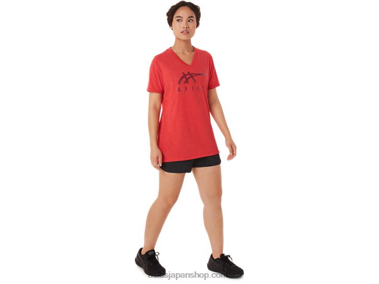 女性のストライプのVネック L20V3422Asics クラシックなレッドヘザー