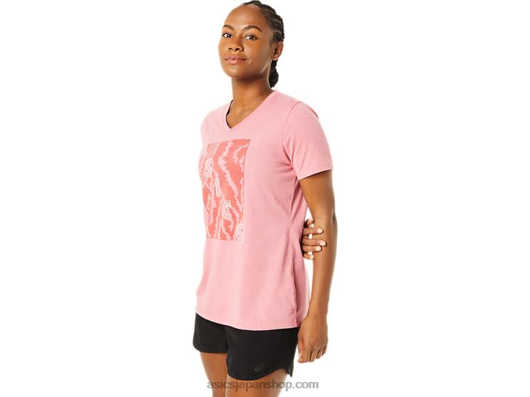 女性用半袖プリントVネック L20V3707Asics スモーキーローズヘザー